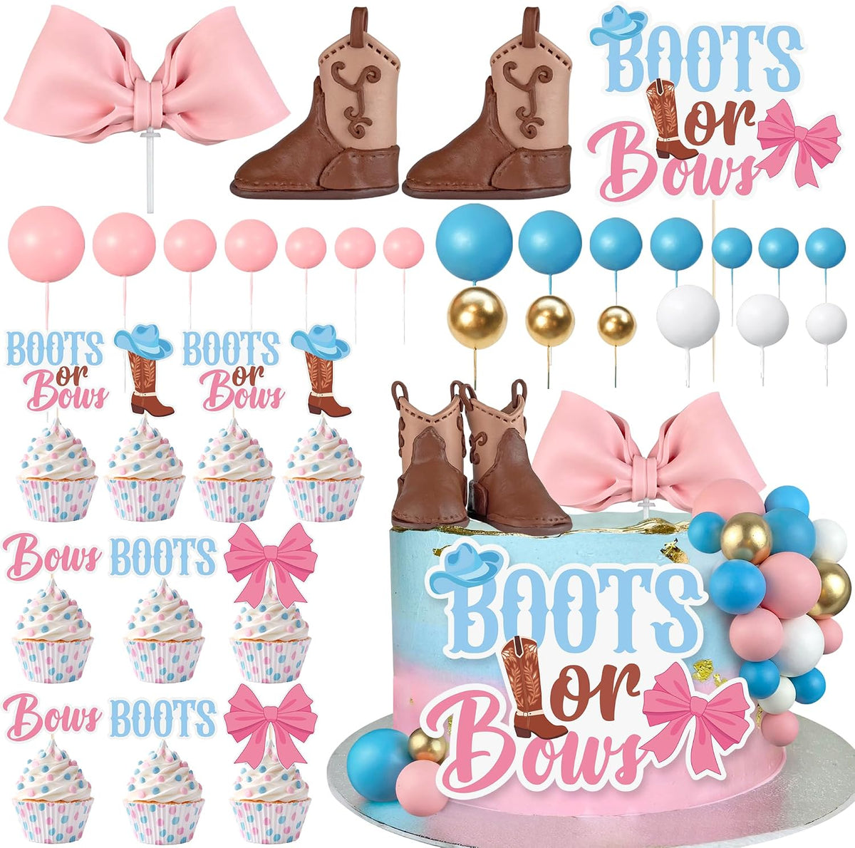 Boots or Bows gender reveal cake decoration set