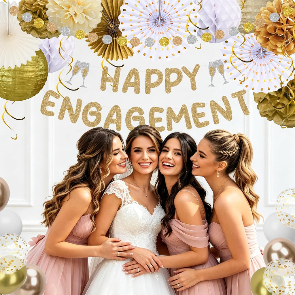 Engagement banner and hanging swirl decorations