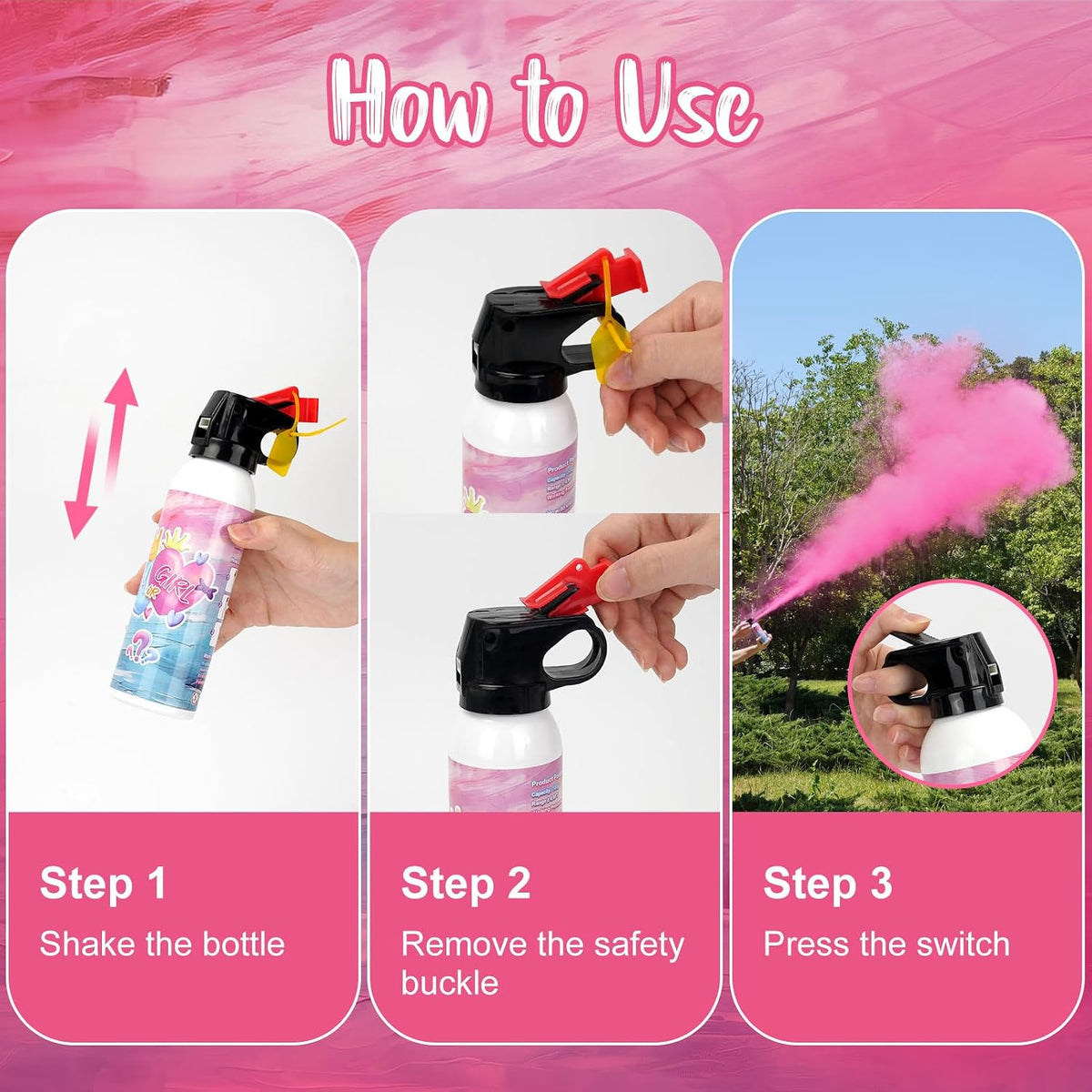 Pink gender reveal powder extinguisher-style party props