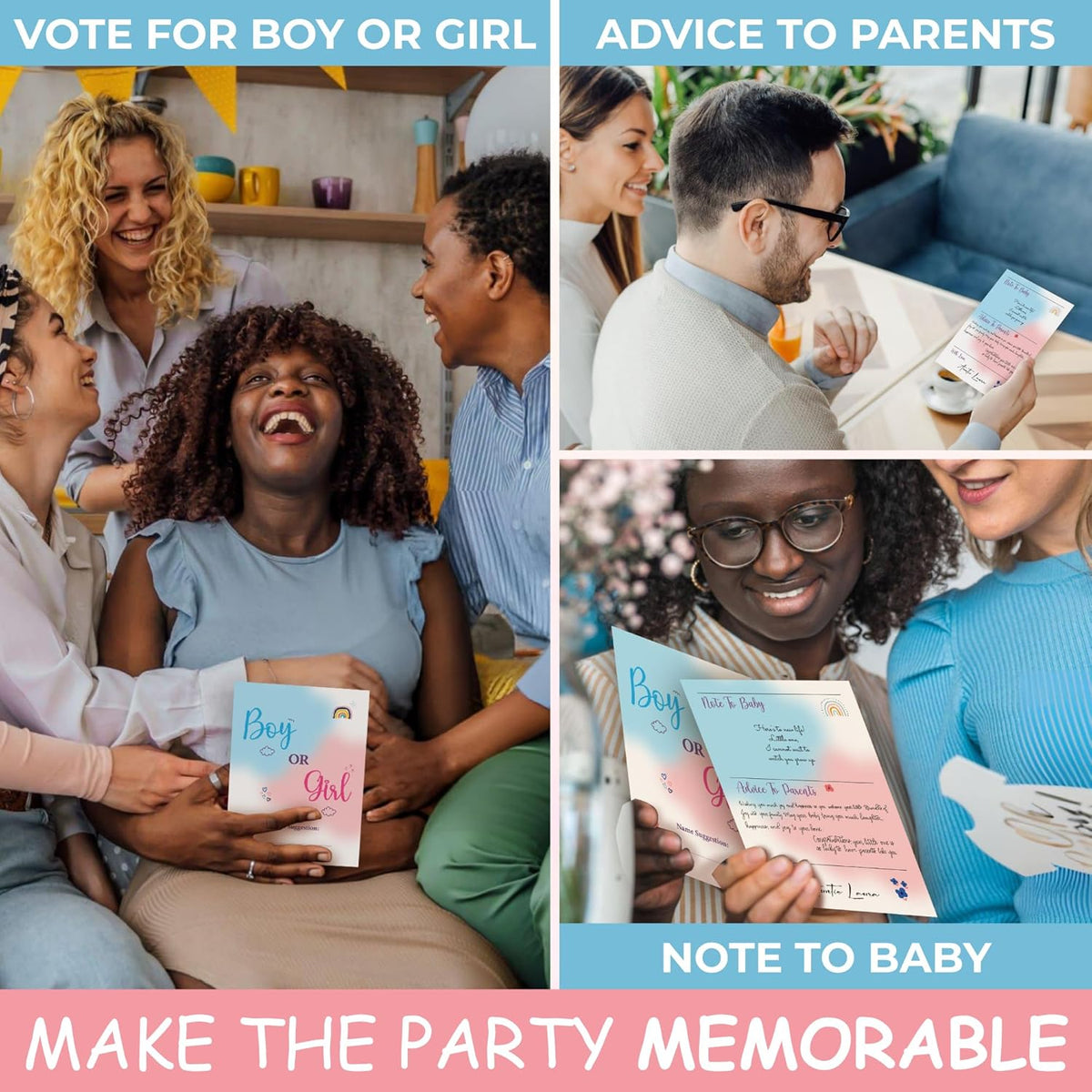 Party game cards for a gender reveal celebration