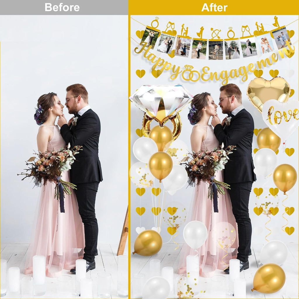 Engagement banner, balloons, and party decorations