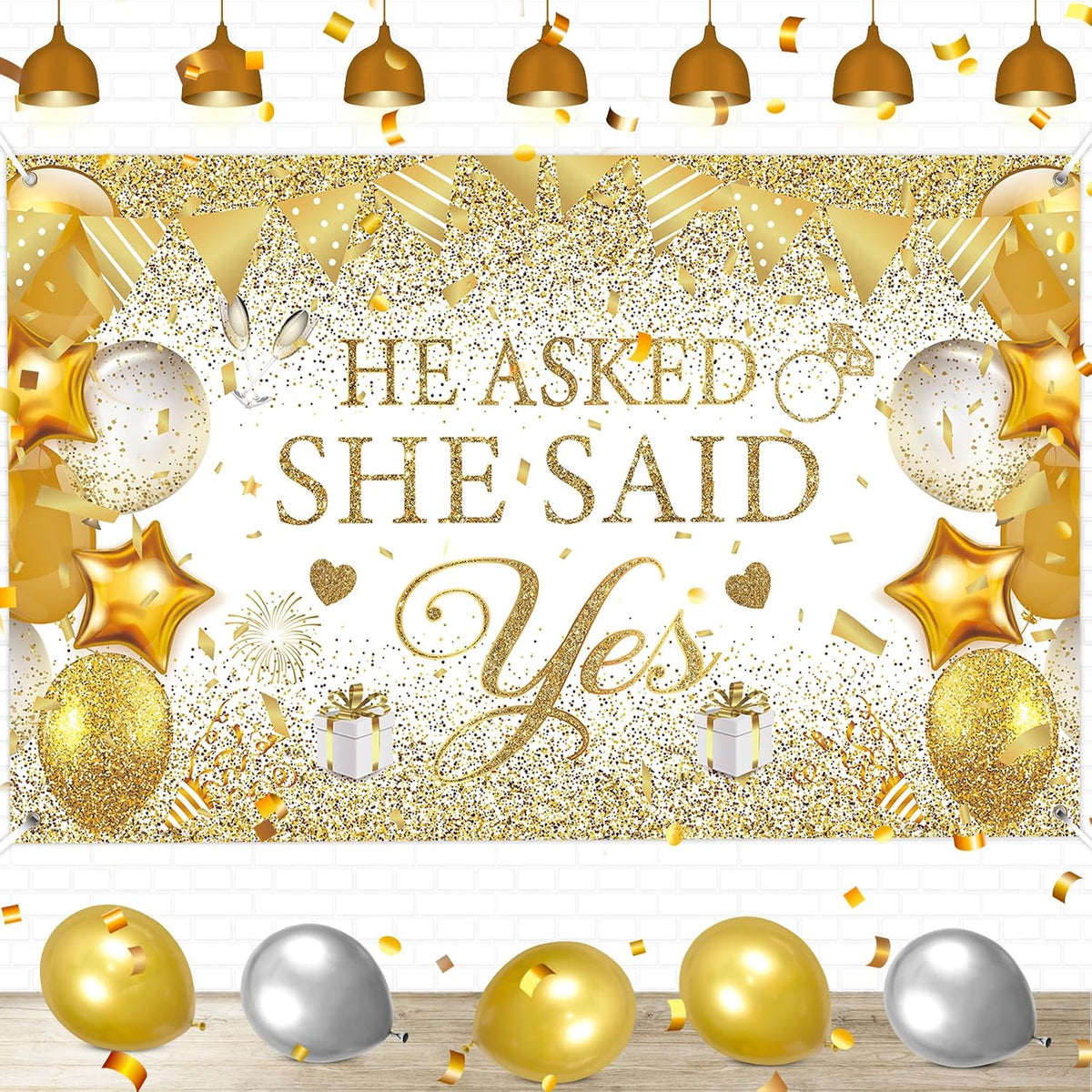 “He Asked, She Said Yes” engagement backdrop