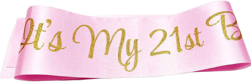 Pink 21st birthday sash with gold lettering