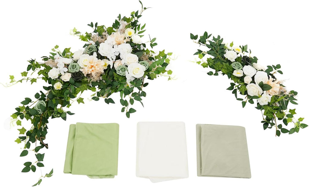 Five-piece green floral and draping arch kit