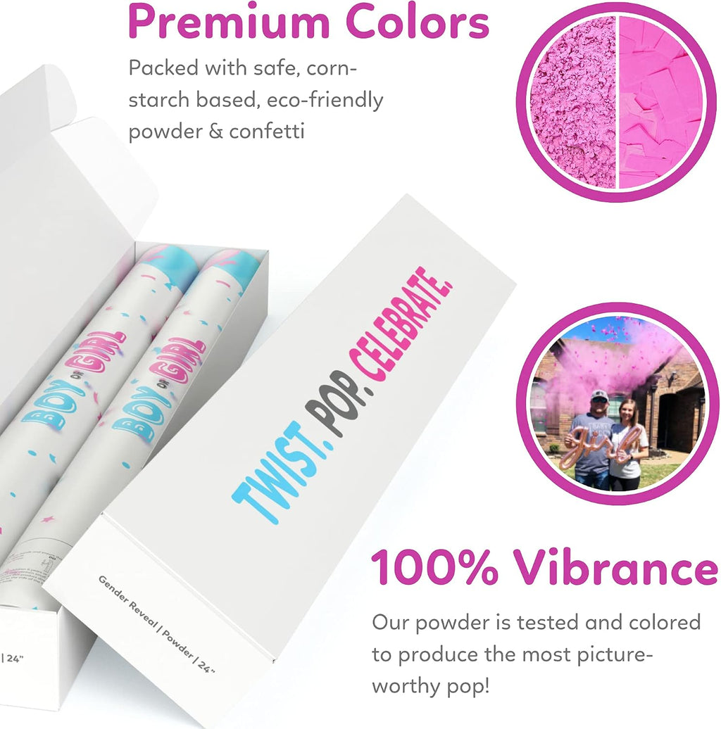Two pink gender reveal party cannons