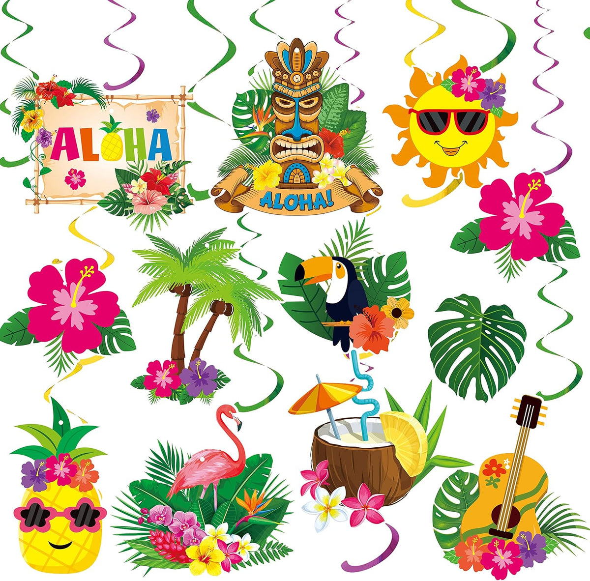 Tropical luau hanging swirl decorations