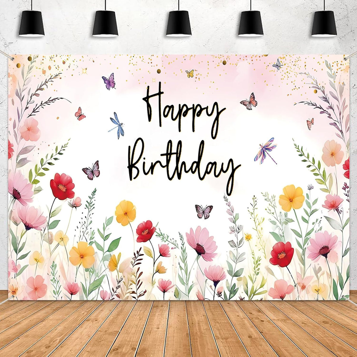 Pink floral birthday backdrop 7 x 5 ft