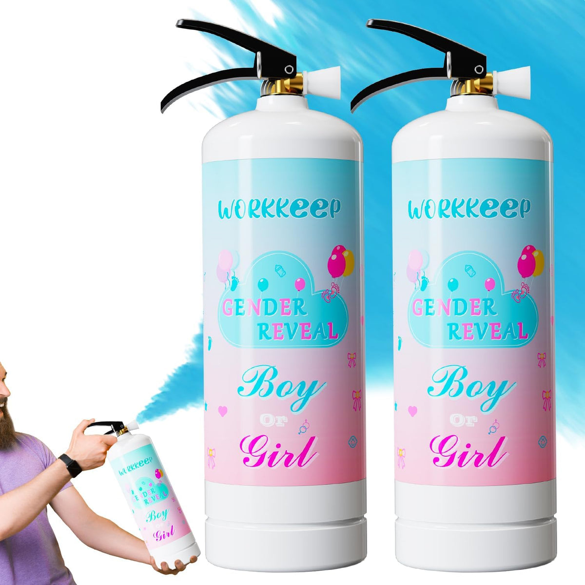 Giant blue gender reveal powder extinguishers
