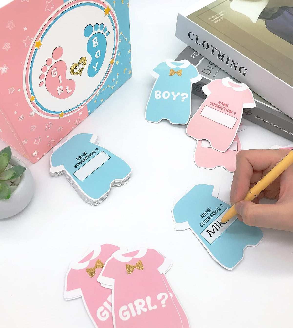 Gender reveal party voting game with 50 cards