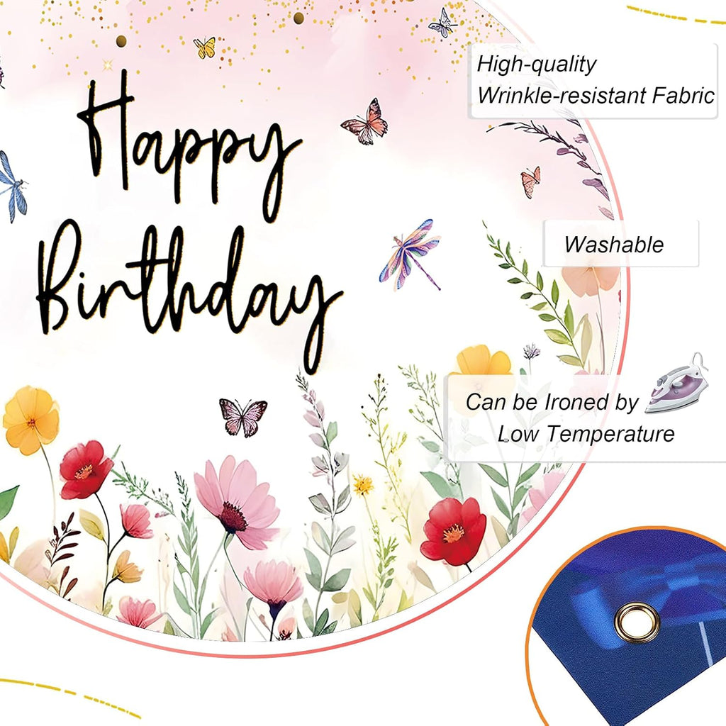 Floral birthday photo backdrop with pink flowers and greenery