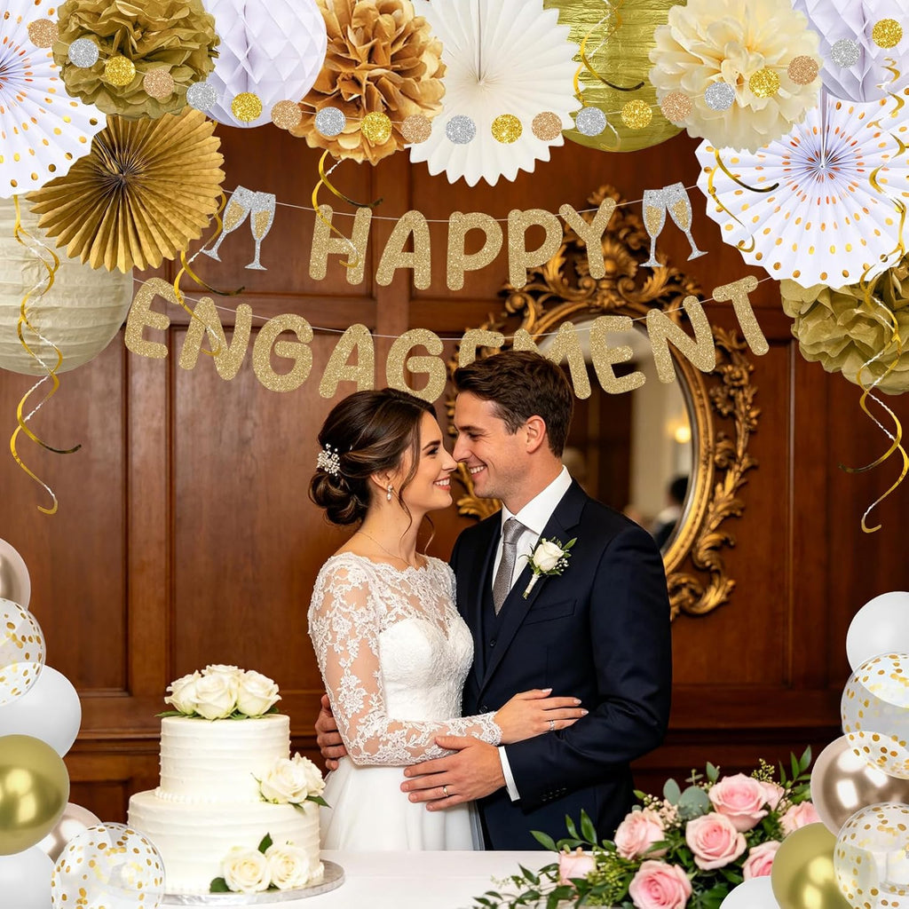 Happy Engagement banner with balloons and paper decorations