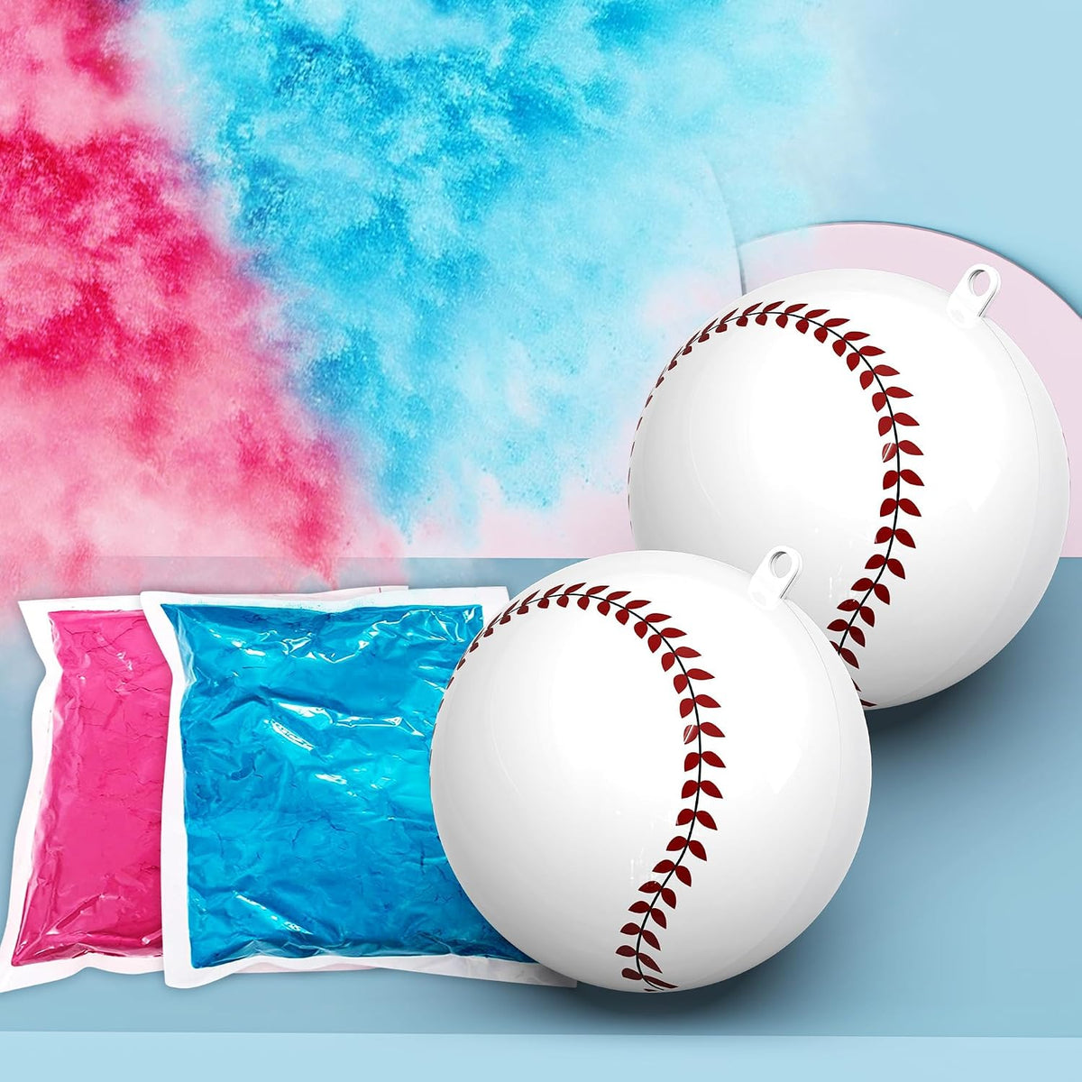 Pink and blue powder gender reveal baseball set