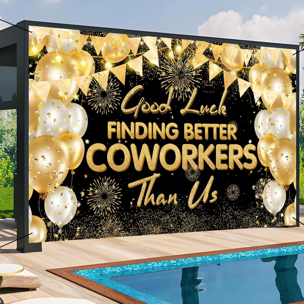 Coworker goodbye party banner in black and gold