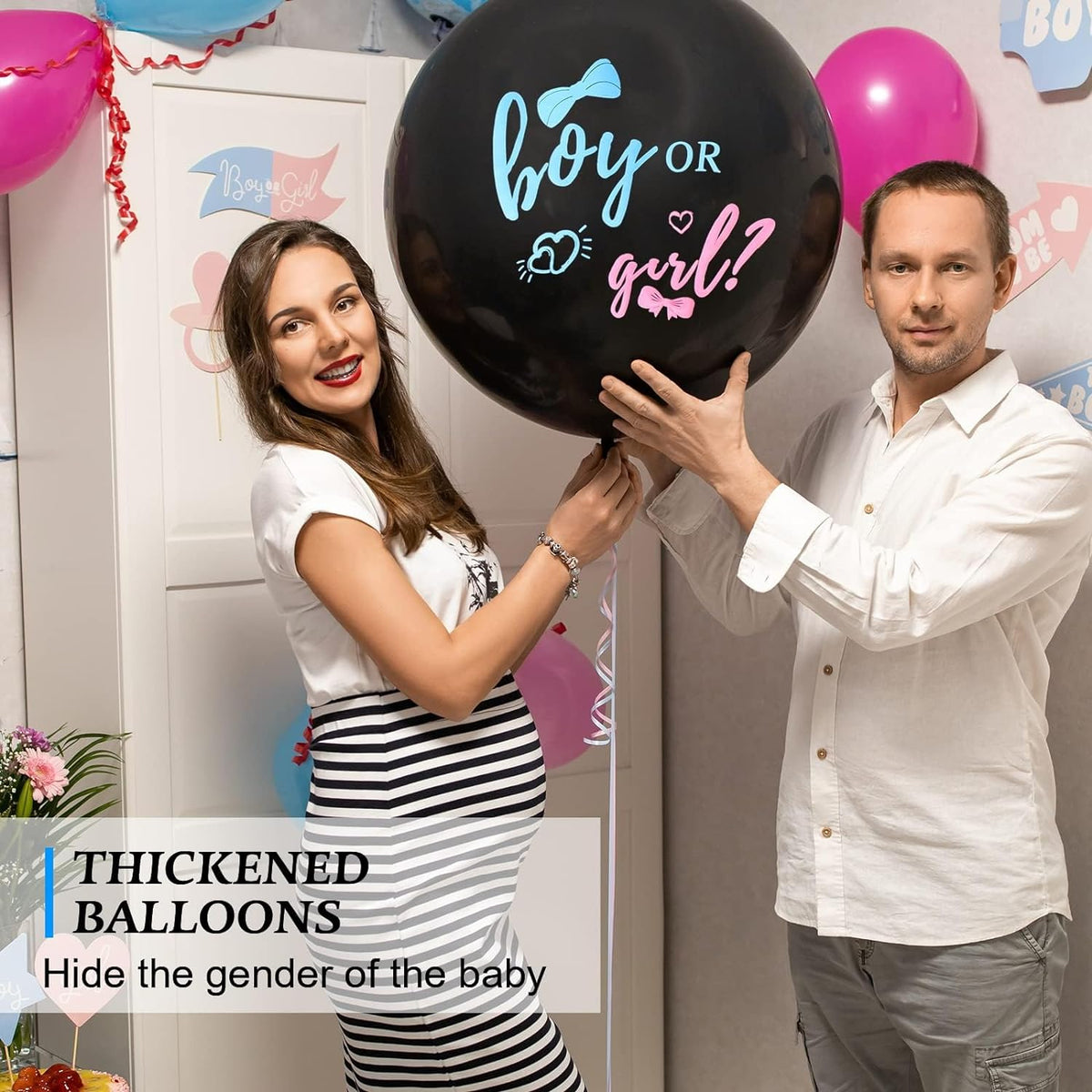 Two-pack black gender reveal balloons with confetti