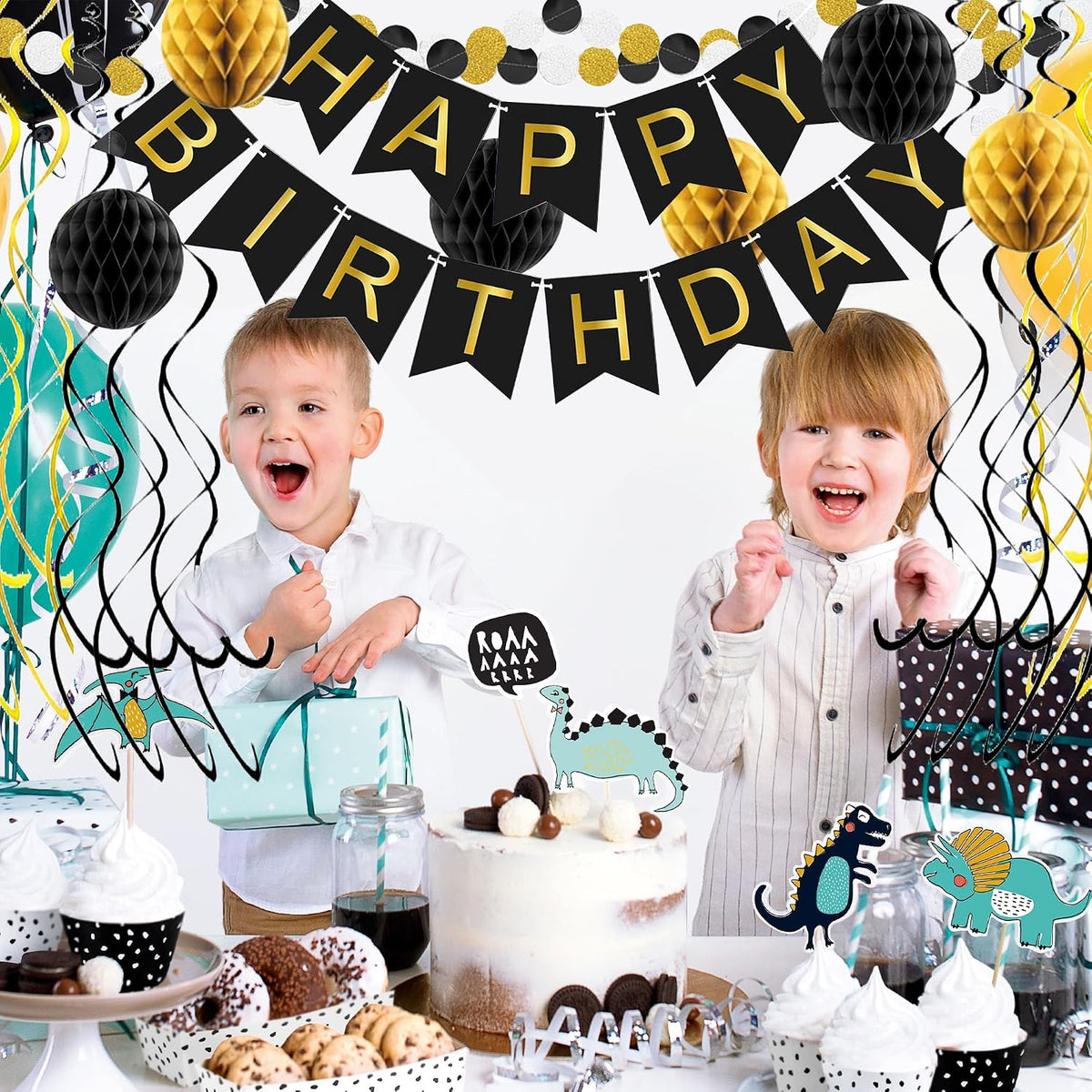Black and gold birthday banner decorations