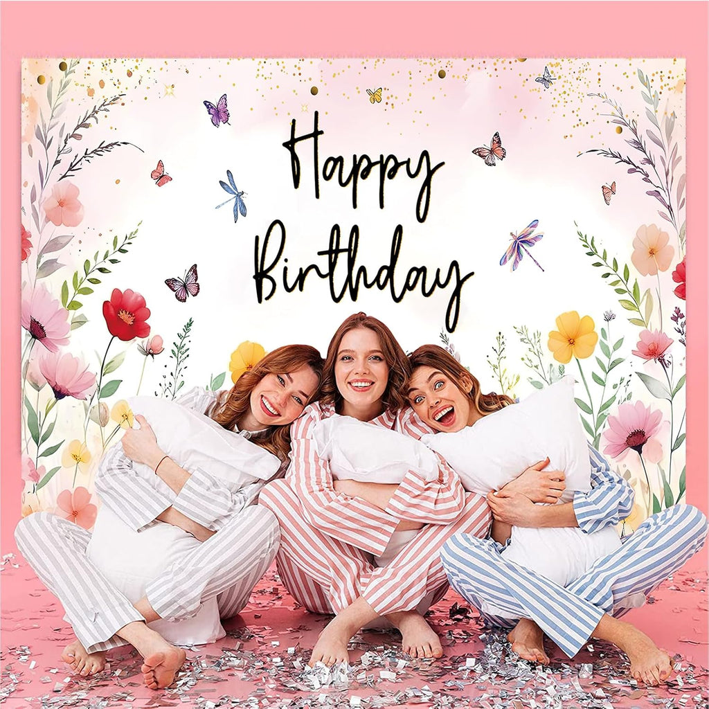 Pink garden-style birthday backdrop for celebrations