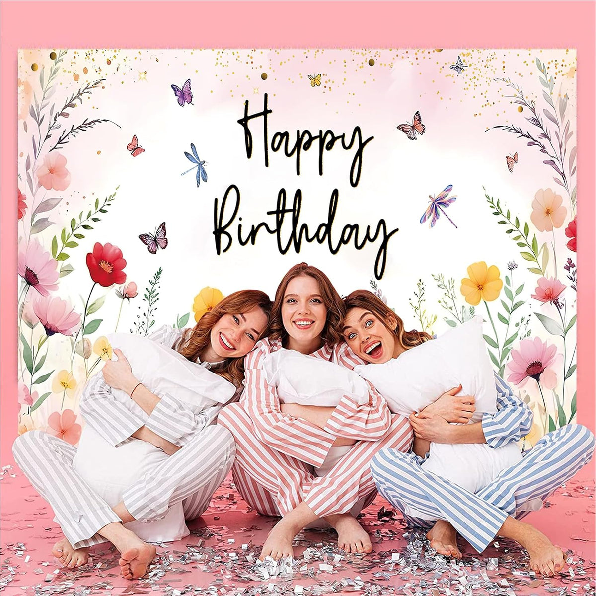 Pink garden-style birthday backdrop for celebrations