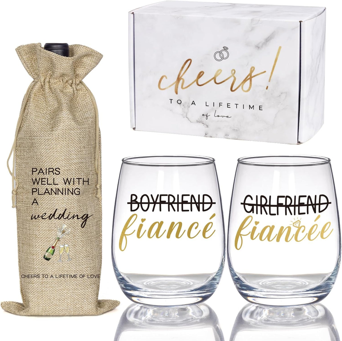 Newly engaged wine glass and gift bag set