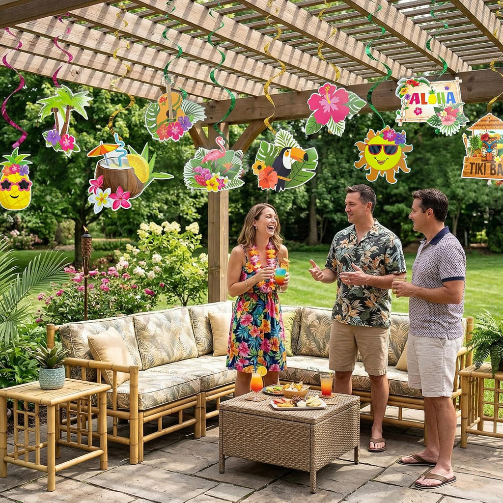 Luau hanging decorations with island-themed accents