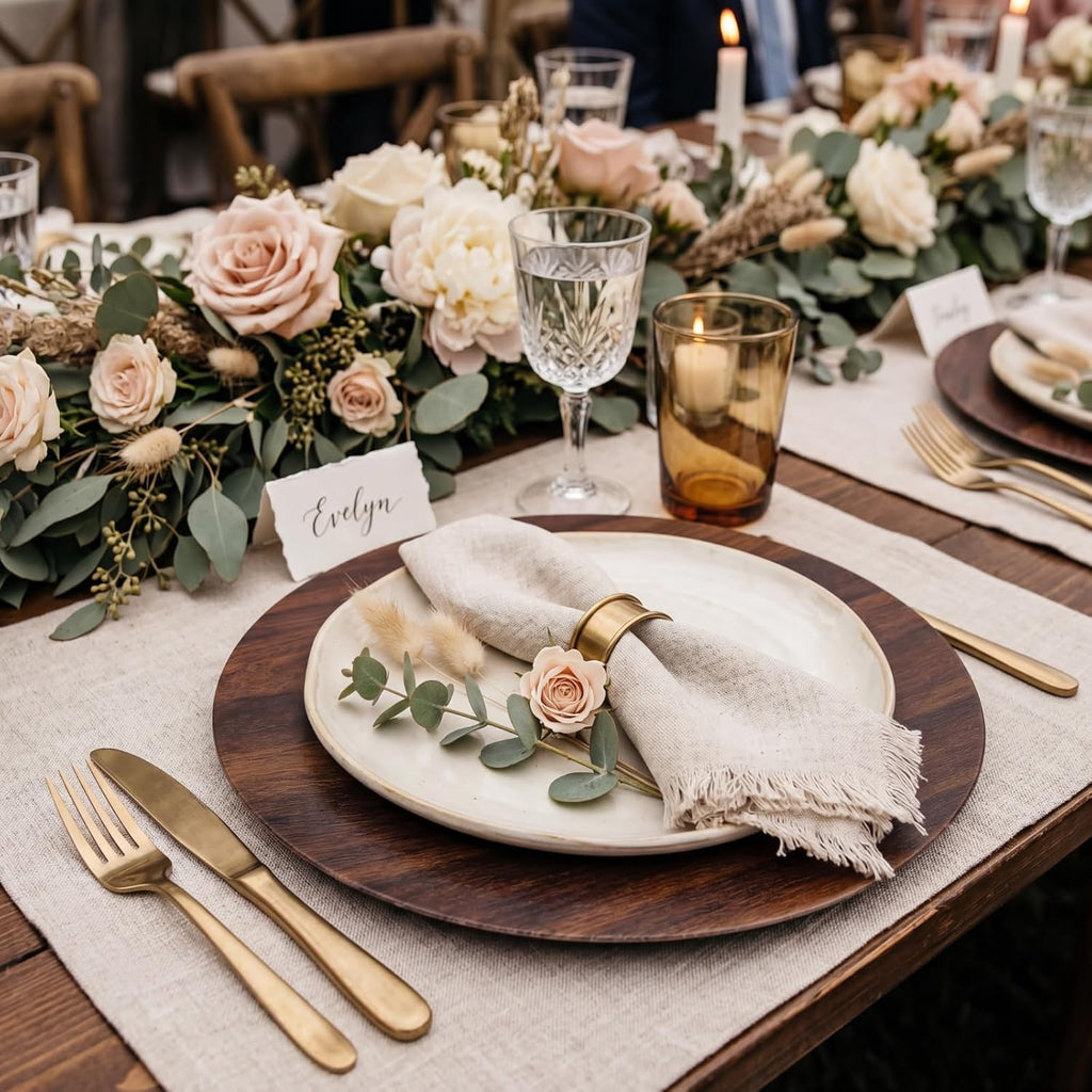 Round faux wood charger plates for place settings