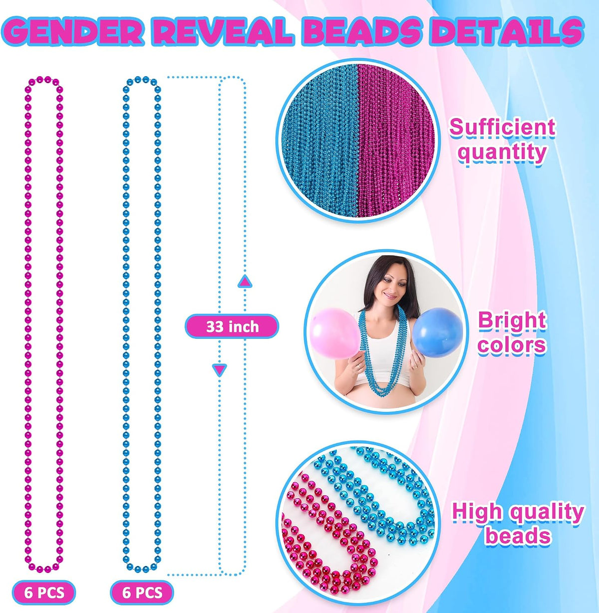 Gender reveal bead necklaces for party guests