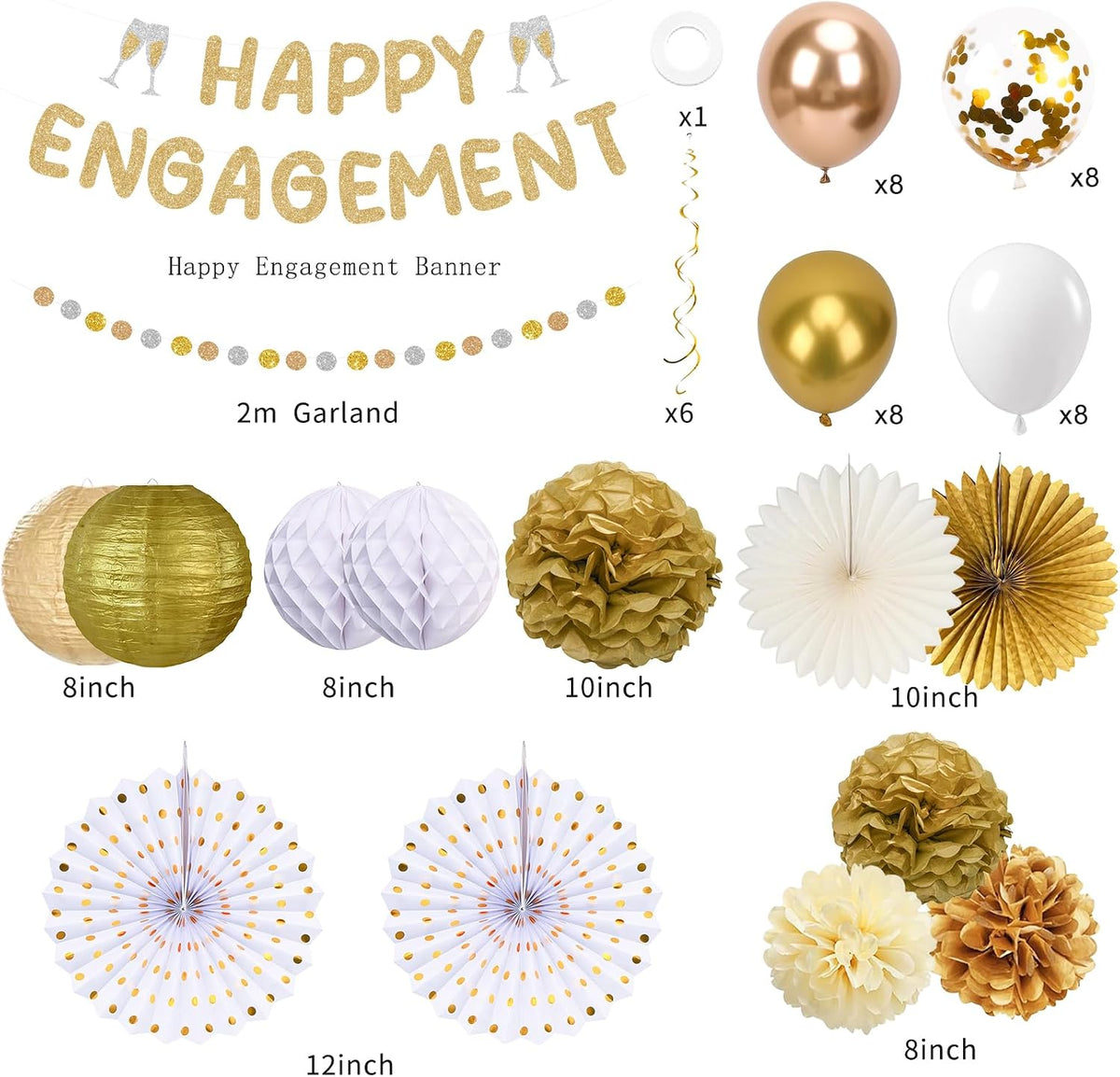 Gold and white engagement party decoration set