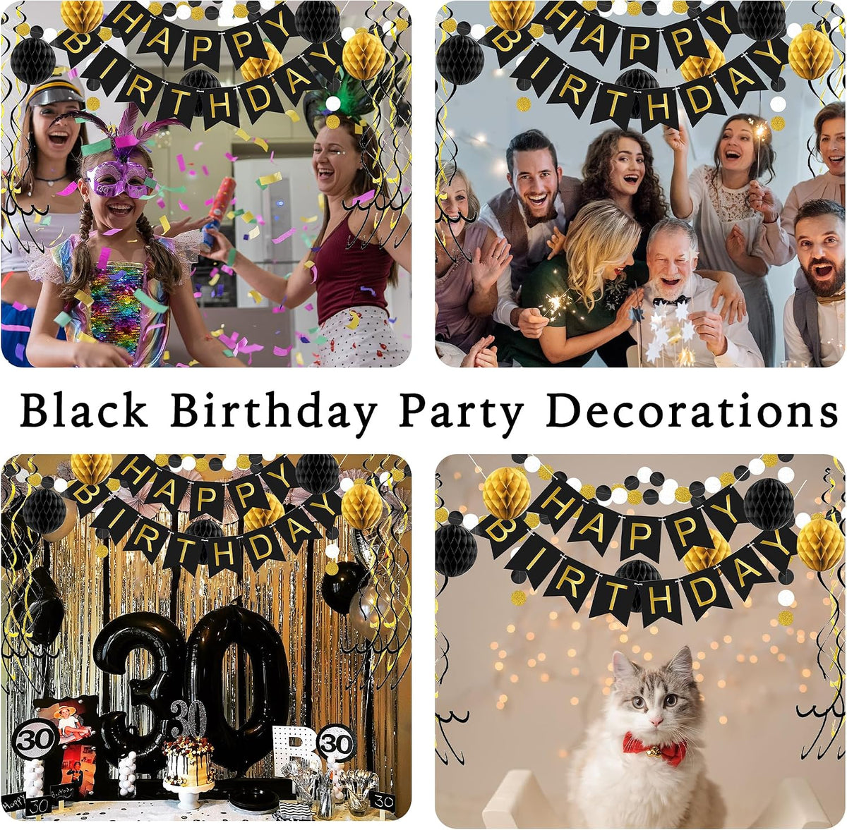Birthday decoration set with black and gold accents
