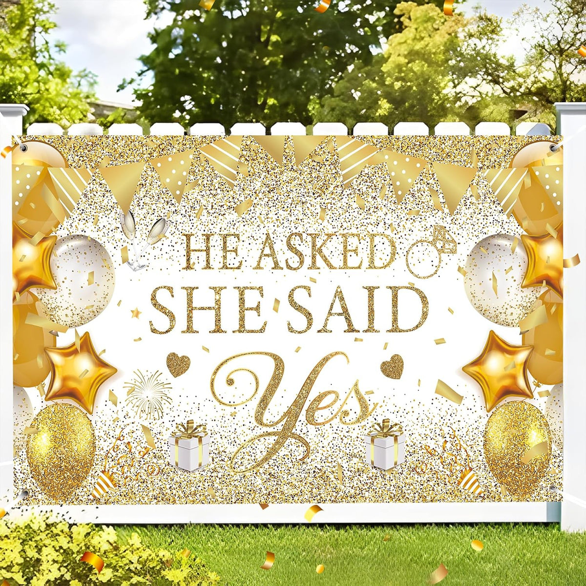 White and gold backdrop for engagement celebrations