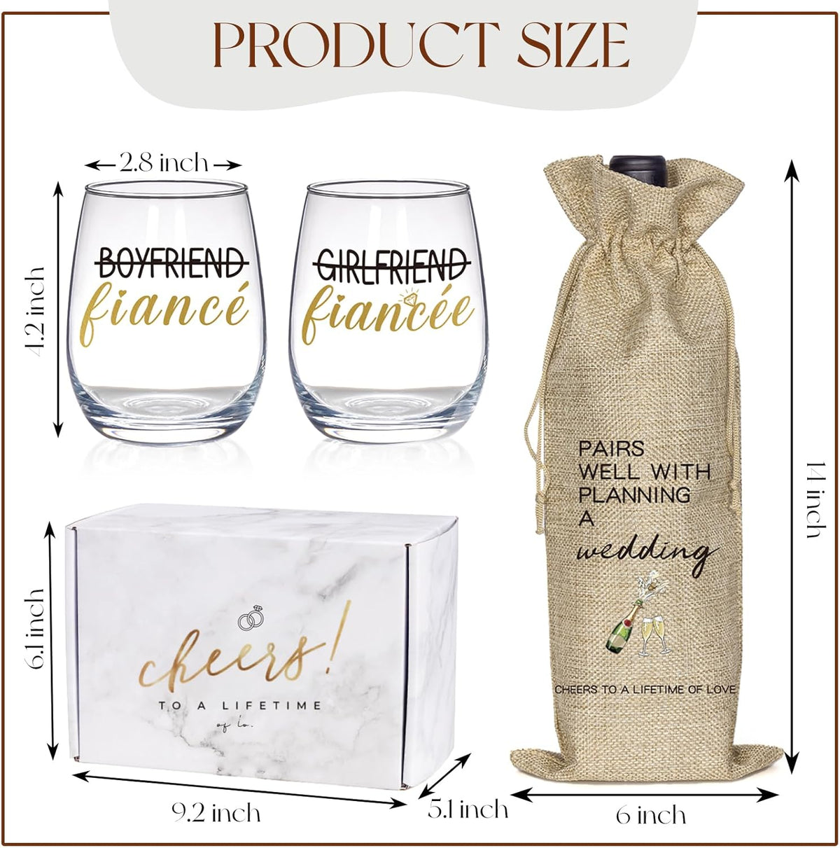 Engagement gift set with wine glasses and presentation box