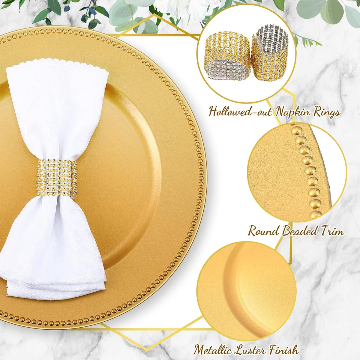 Gold 13-inch charger plates with matching napkin rings