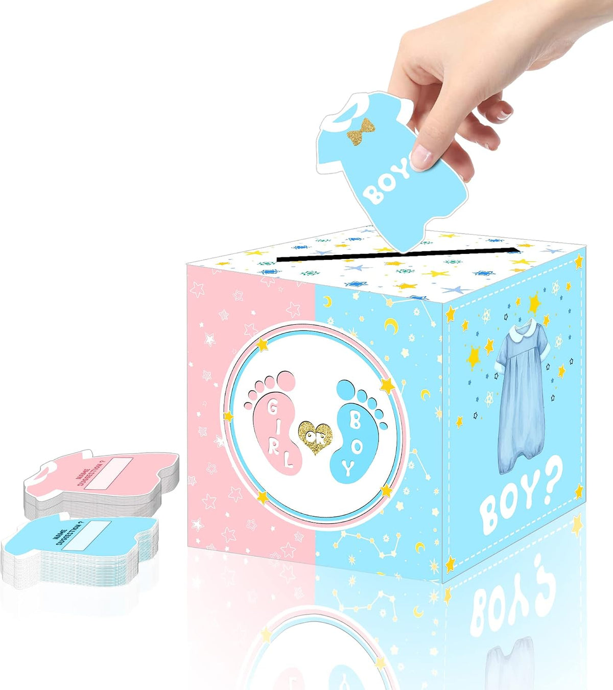 Gender reveal voting box with ballot cards