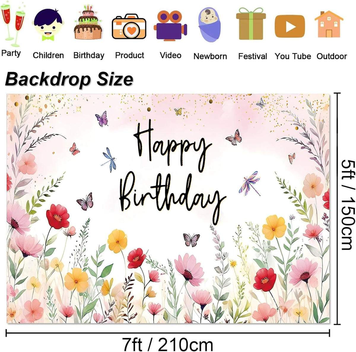 Reusable pink floral birthday photo backdrop