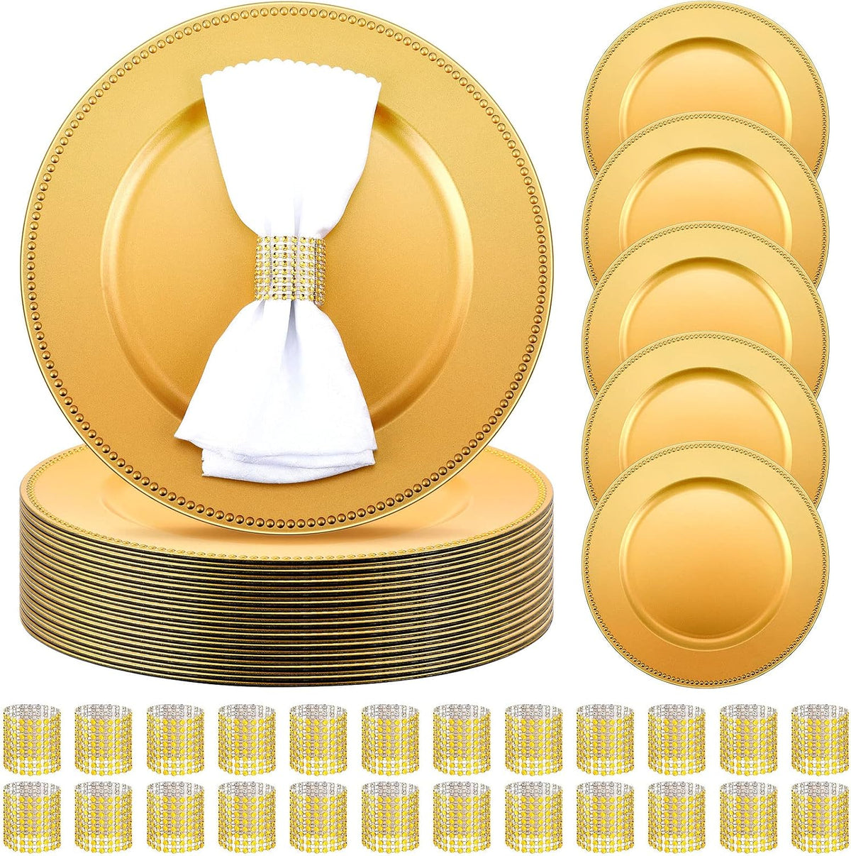 Gold charger plates and napkin rings set