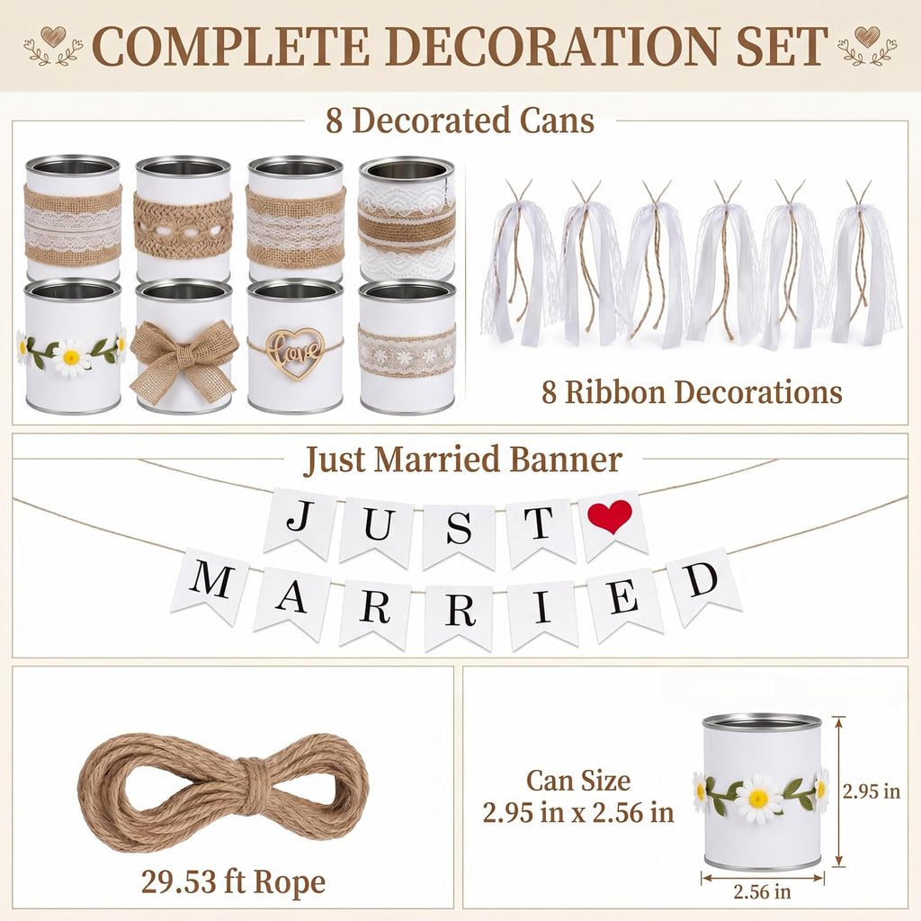 Just Married car kit with decorative cans