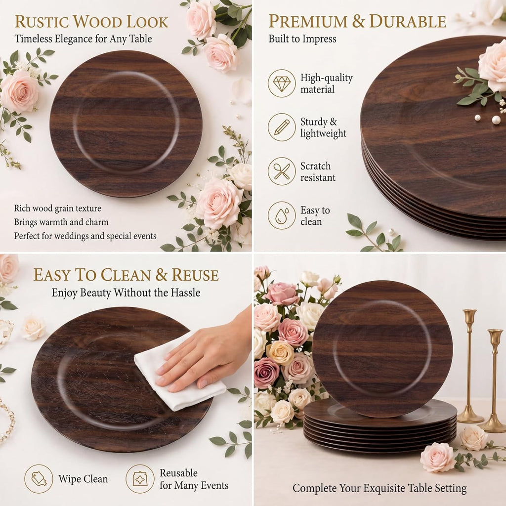 Rustic dark brown charger plates for wedding tables