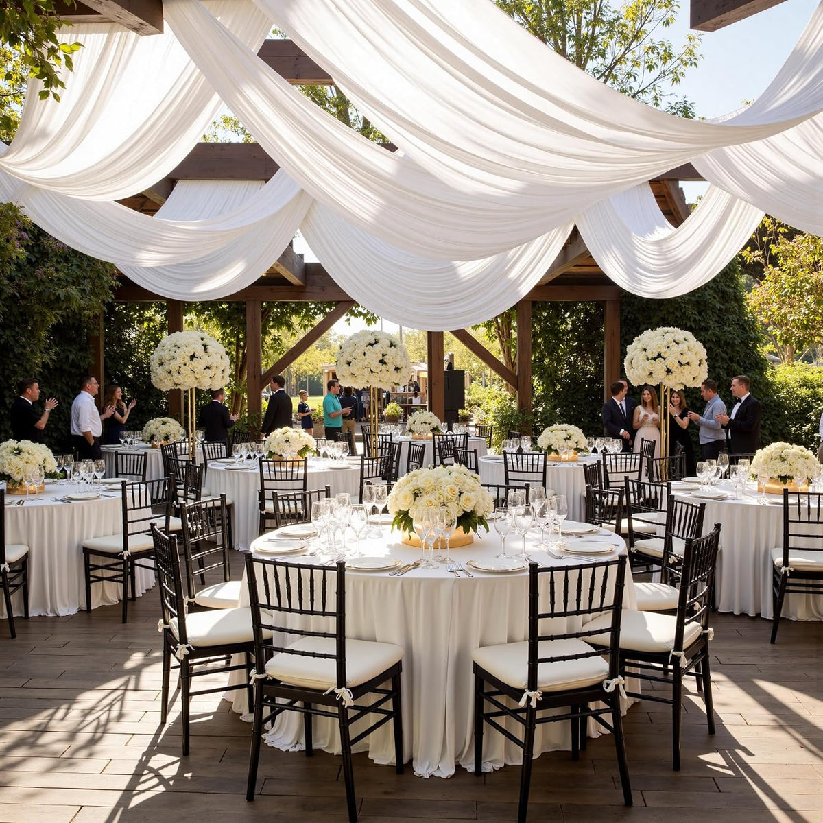 White polyester draping panels for weddings