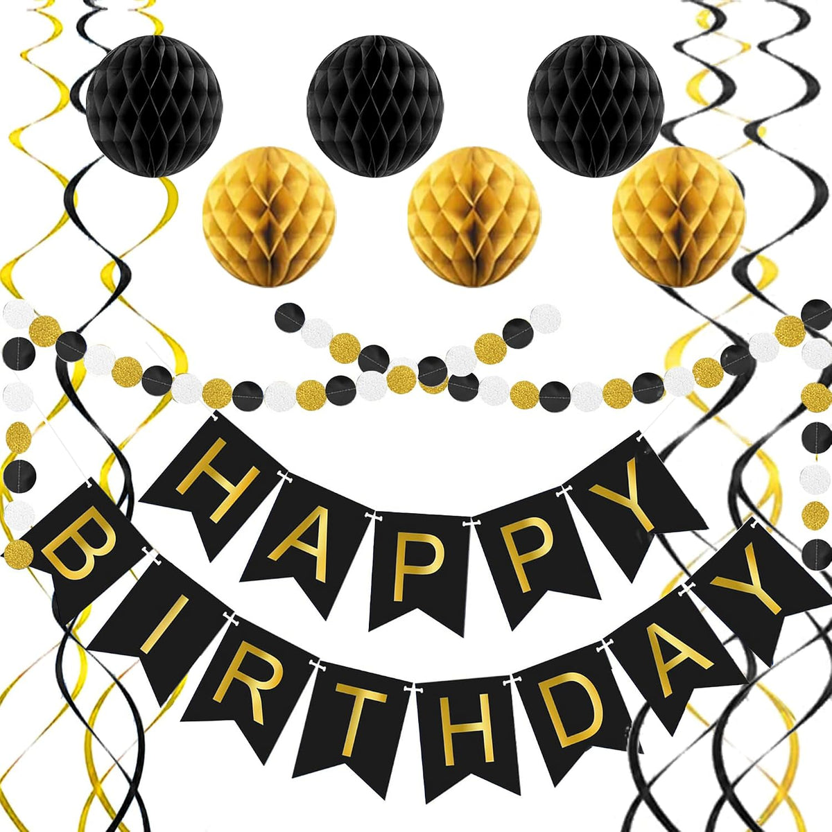 Black and gold happy birthday decoration set