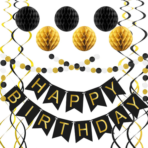 Black and gold happy birthday decoration set