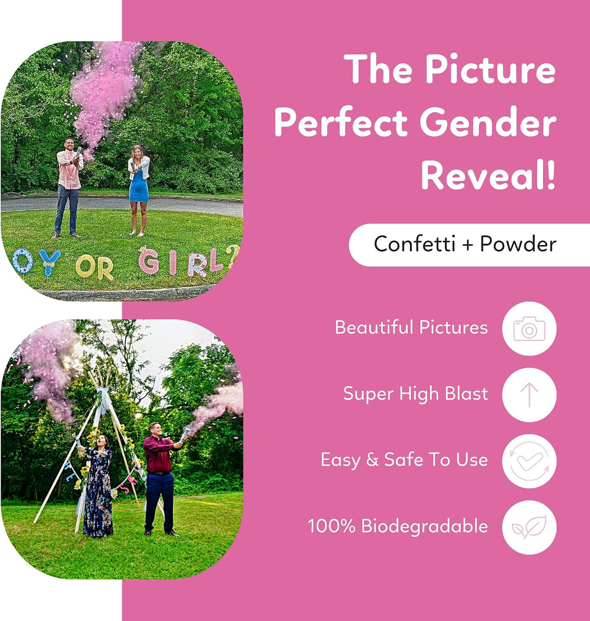 Pink confetti and powder reveal poppers