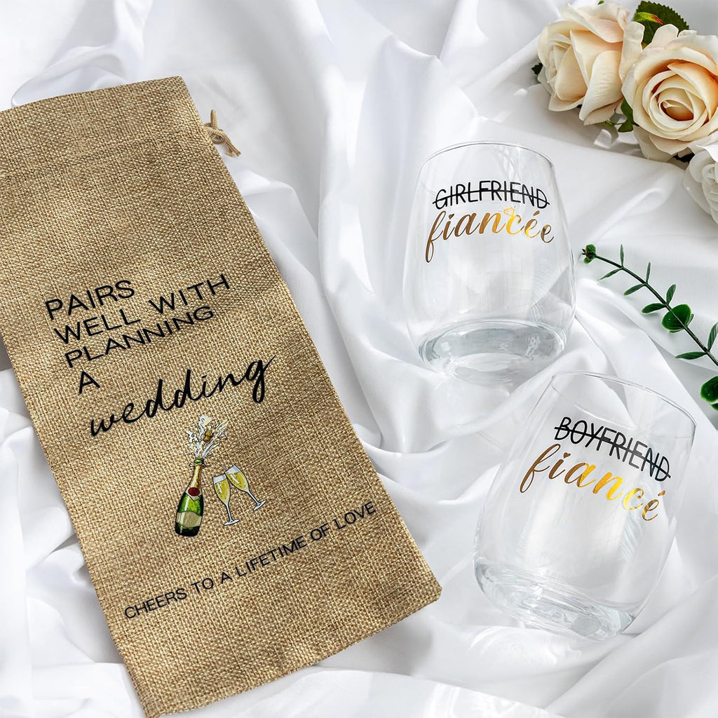 Engagement gift set with stemless wine glasses and gift bag