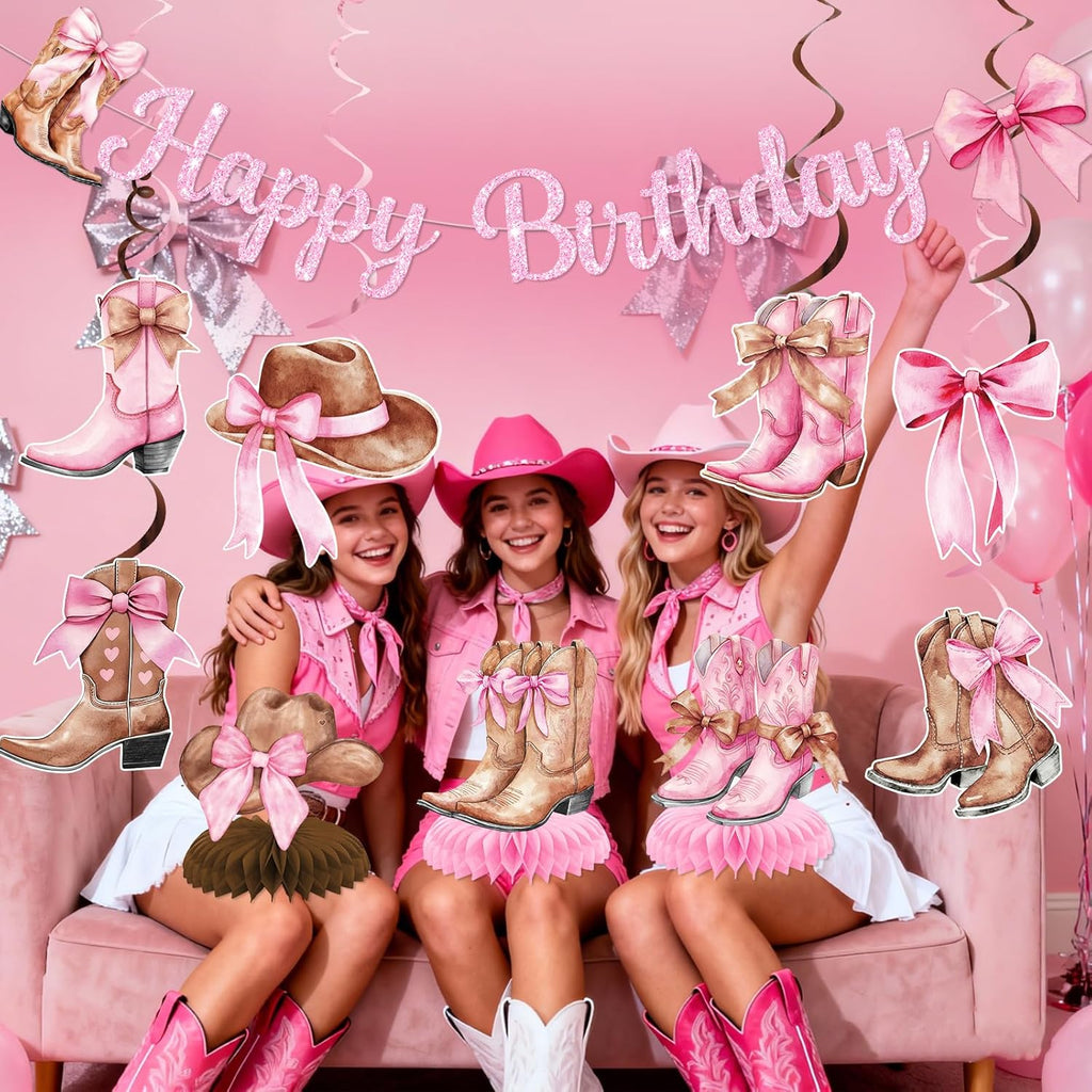 Cowgirl birthday kit with coordinated pink party décor