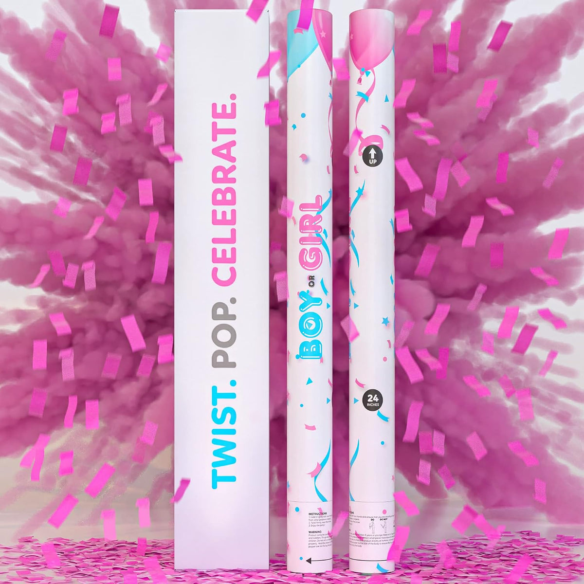 Pink gender reveal confetti and powder cannons