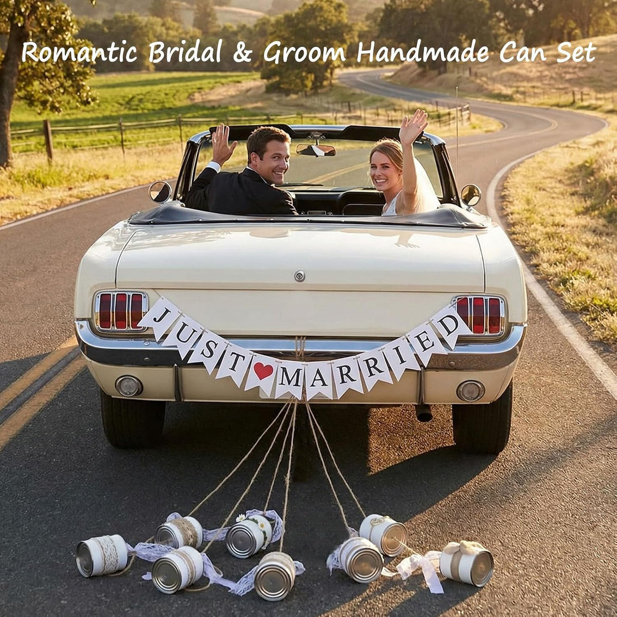 Just Married banner and tin can car decorations