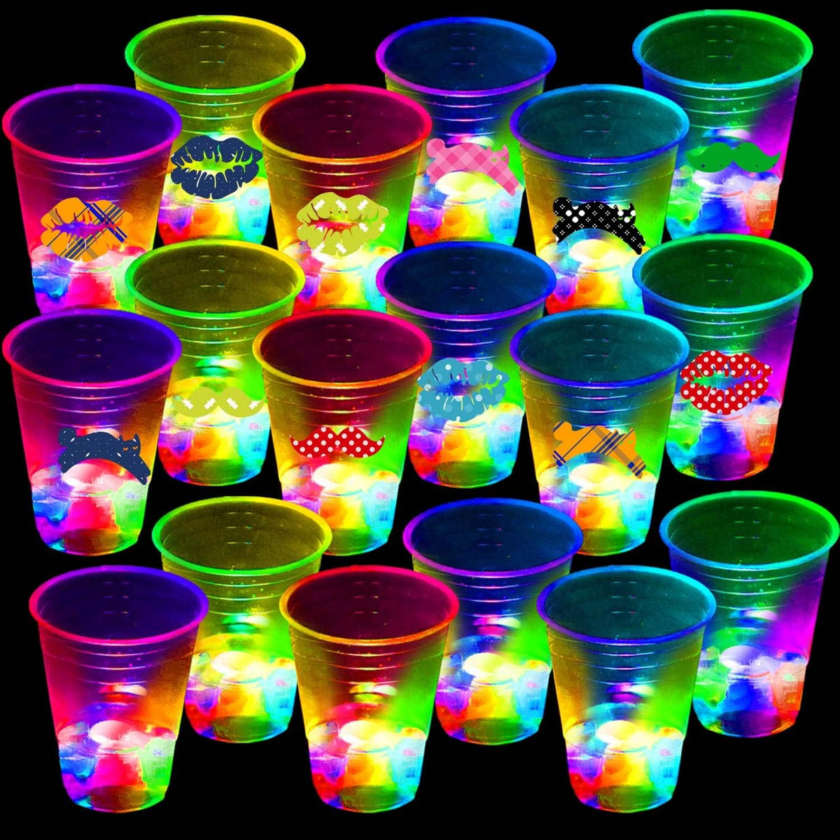 Colorful glowing party cups for event celebrations