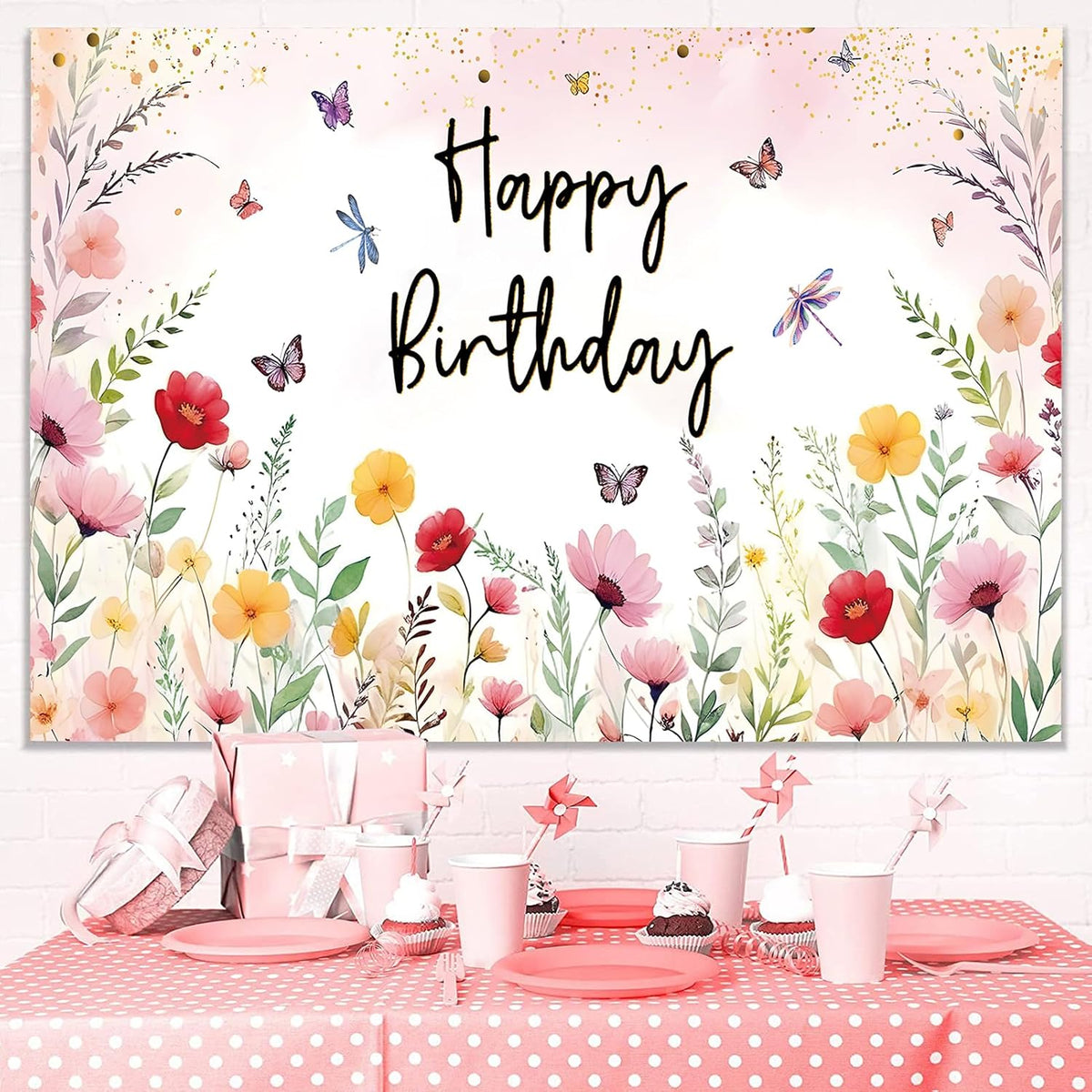Pink floral backdrop for birthday party photos
