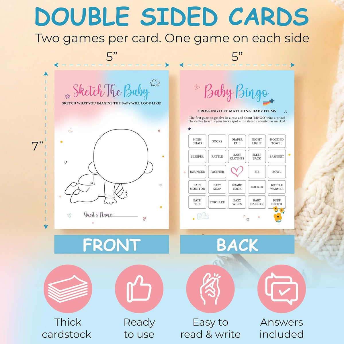 Pink and blue gender reveal game cards