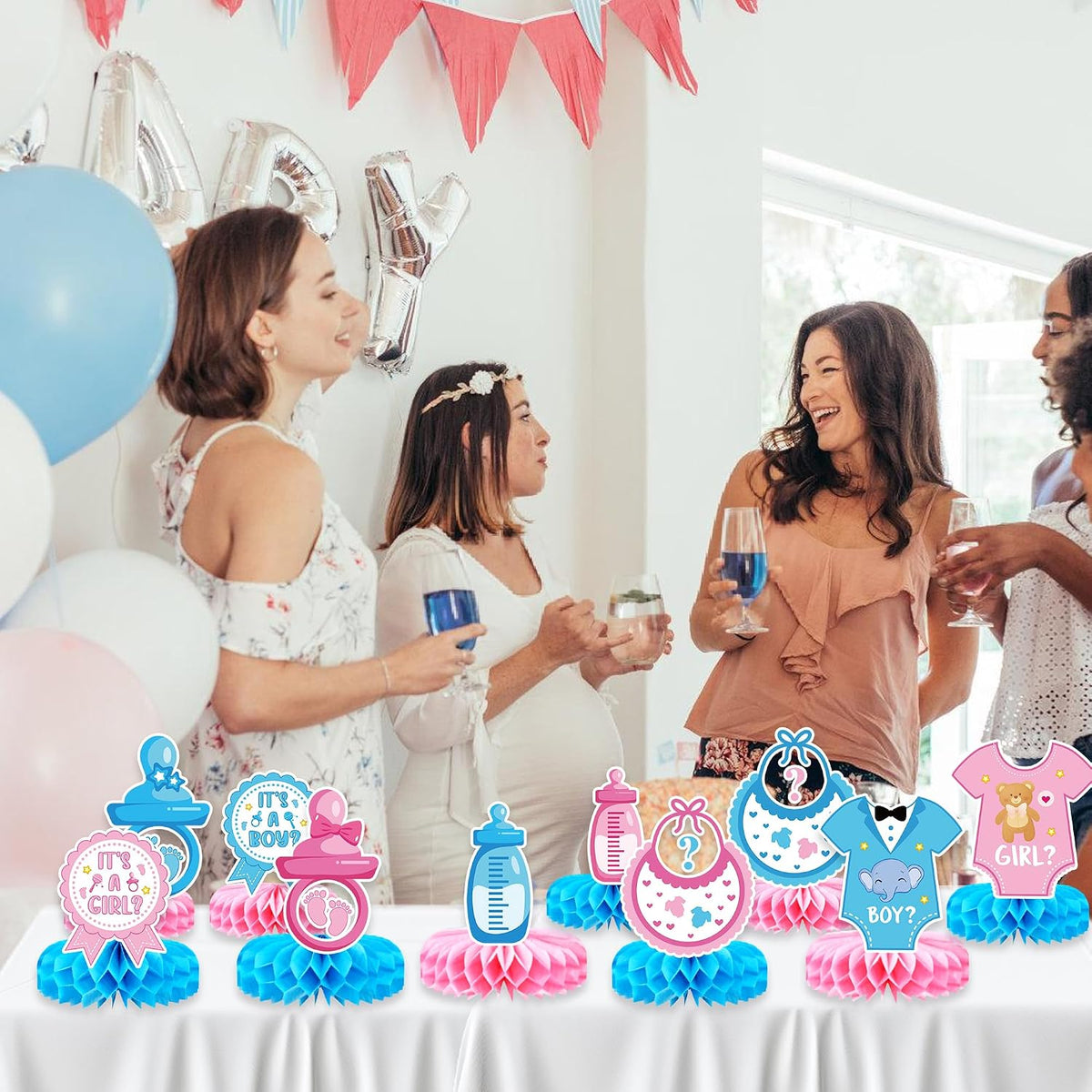 Gender reveal décor for guest tables