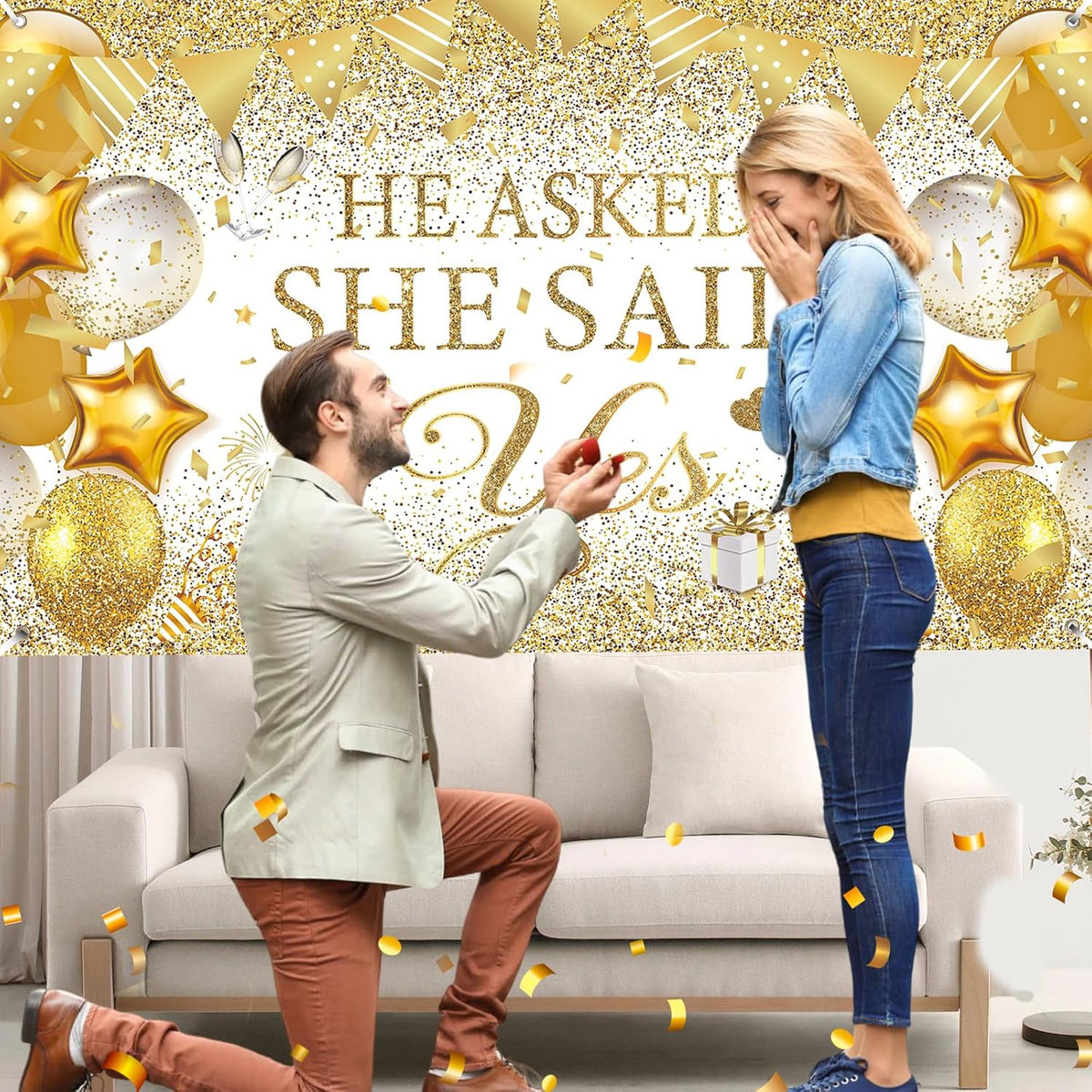 Engagement backdrop with “He Asked, She Said Yes” message