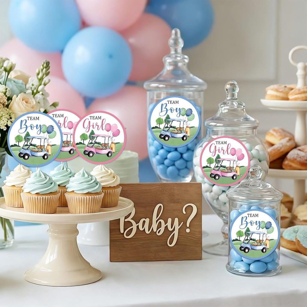 Guest prediction stickers for golf-themed baby reveal