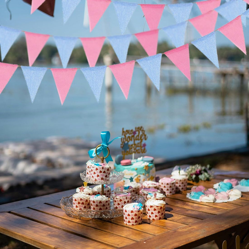 Pink and blue pennant garland for baby showers
